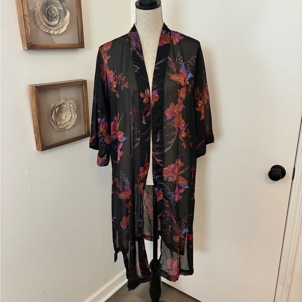 a new day Sheer Black Floral Kimono Whimsical